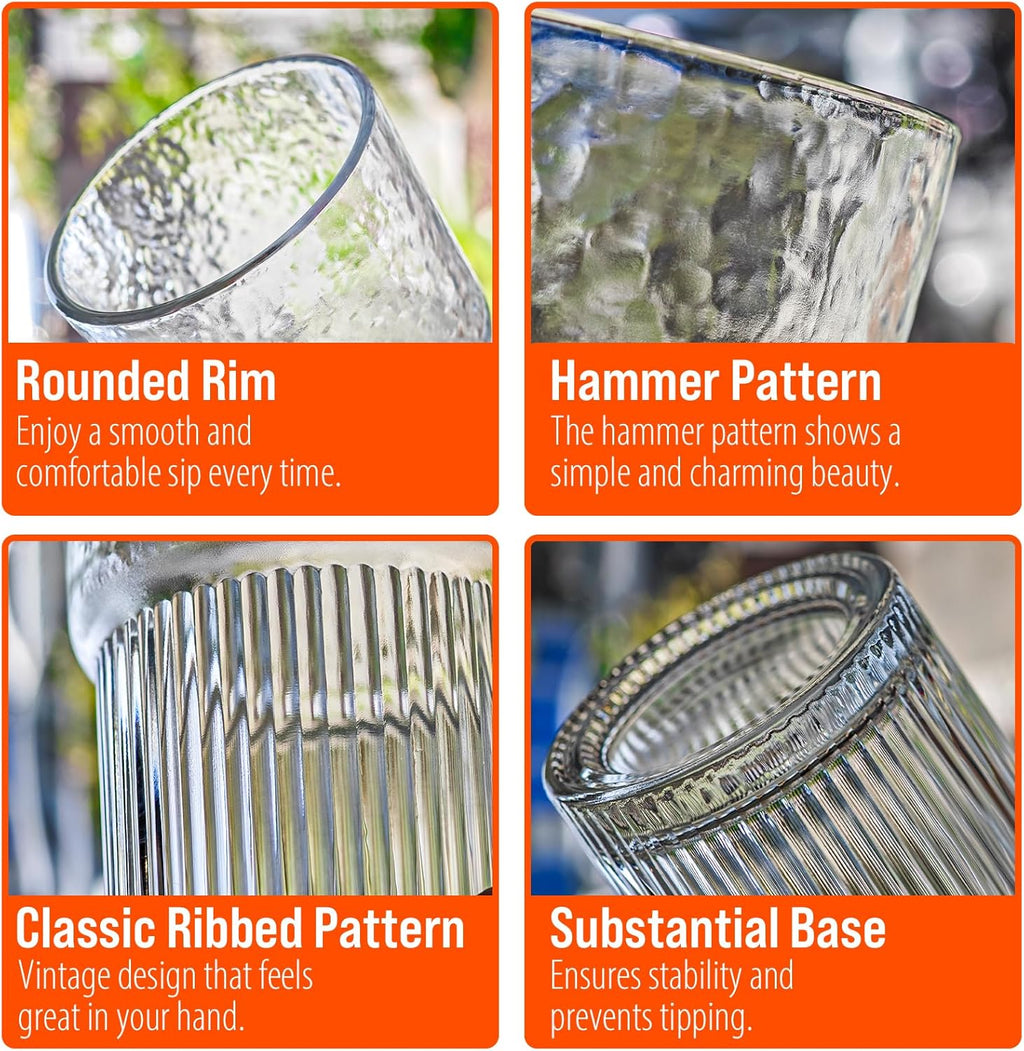 20oz Glass Tumblers with Lids and Straws - Stylish Vintage Ribbed Design for Iced Coffee, Juice, Smoothies, Milkshakes, Cold Beverages & Whiskey Cocktail Beer - Includes Cleaning Brush (2pack-Frosted)