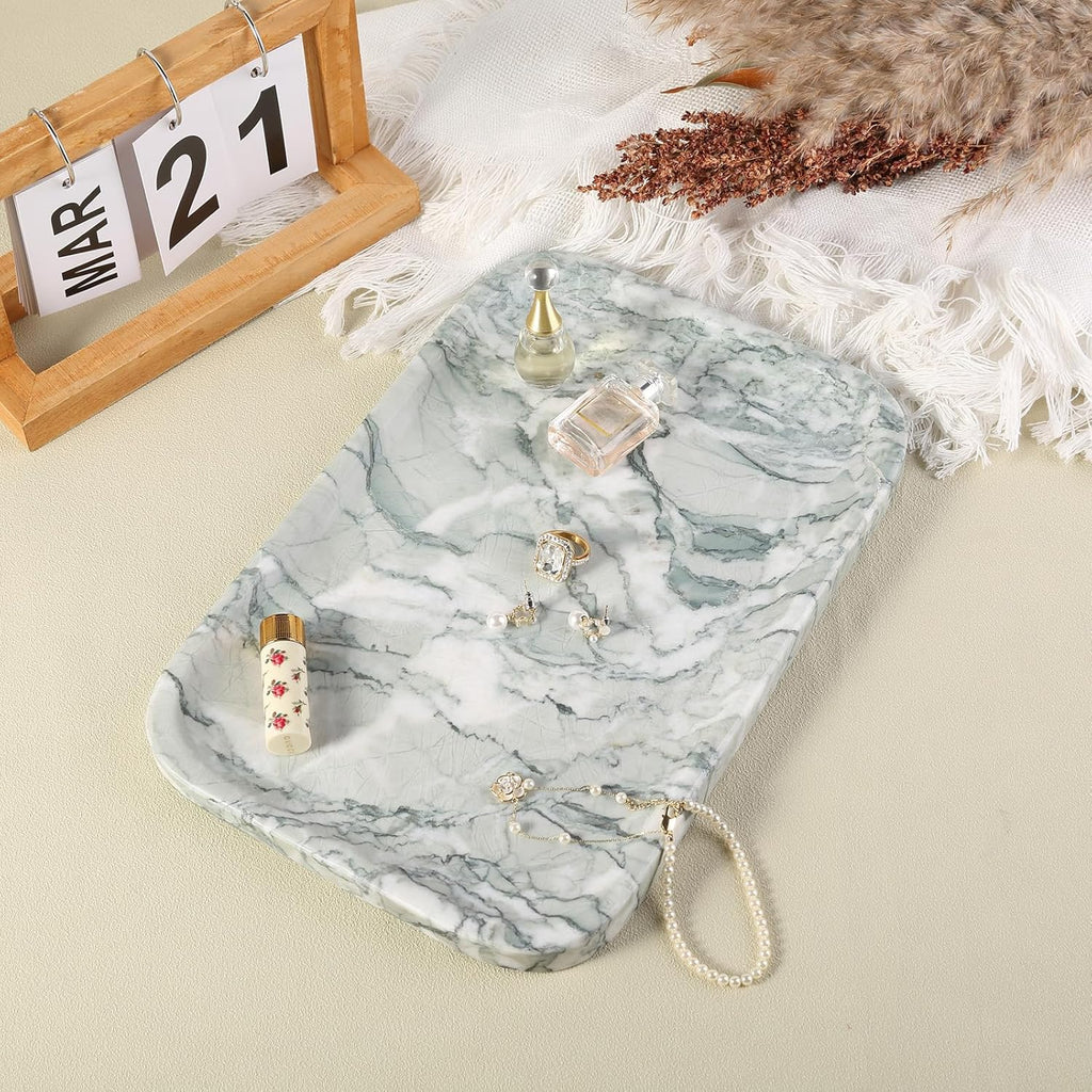 Vanity Tray, Marble Bathroom Tray Countertop, Decorative Dresser Organizer, Green Stone for Perfume Jewelry Holder Storage for Kitchen Sink(Light Green)