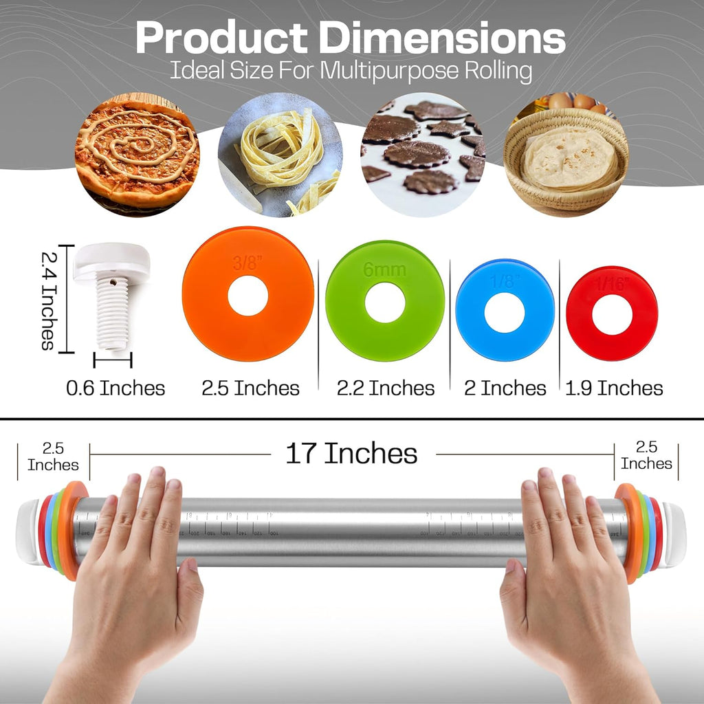 Adjustable Stainless Steel Rolling Pin with 4 Dough Thickness Rings & Non-Stick Red Pastry Mat – 17" Professional Tool for Baking Pizza, Pasta, Cookies & Pie Crusts