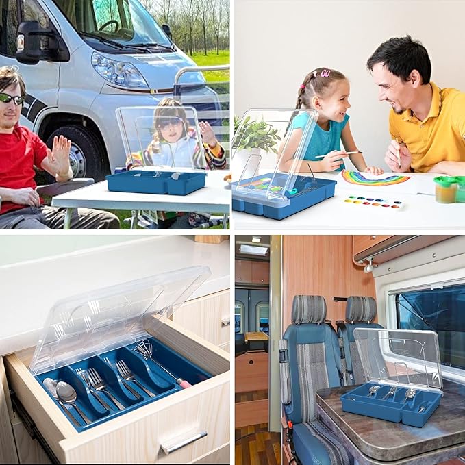 Silverware Tray with Lid, Utensil Holder for Kitchen Counter Plastic Flatware Organizers and Storage holder 5 Compartments Blue