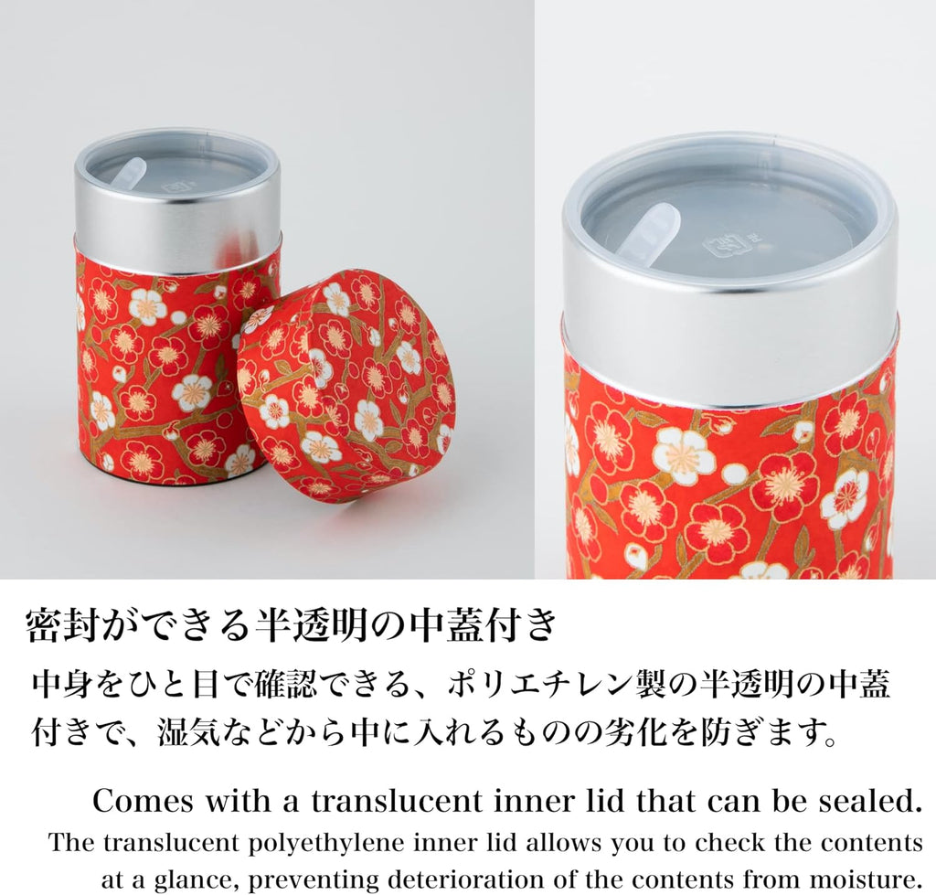 NOREN Japanese Tea Canister Tin (Yuzen Washi Paper), 3.5oz Size Made in JAPAN with Includes Inner Lid of Airtight Damp-Proof/Kitchen Jar for Loose Leaf Coffee Tea Spice and More (Plum/Red)