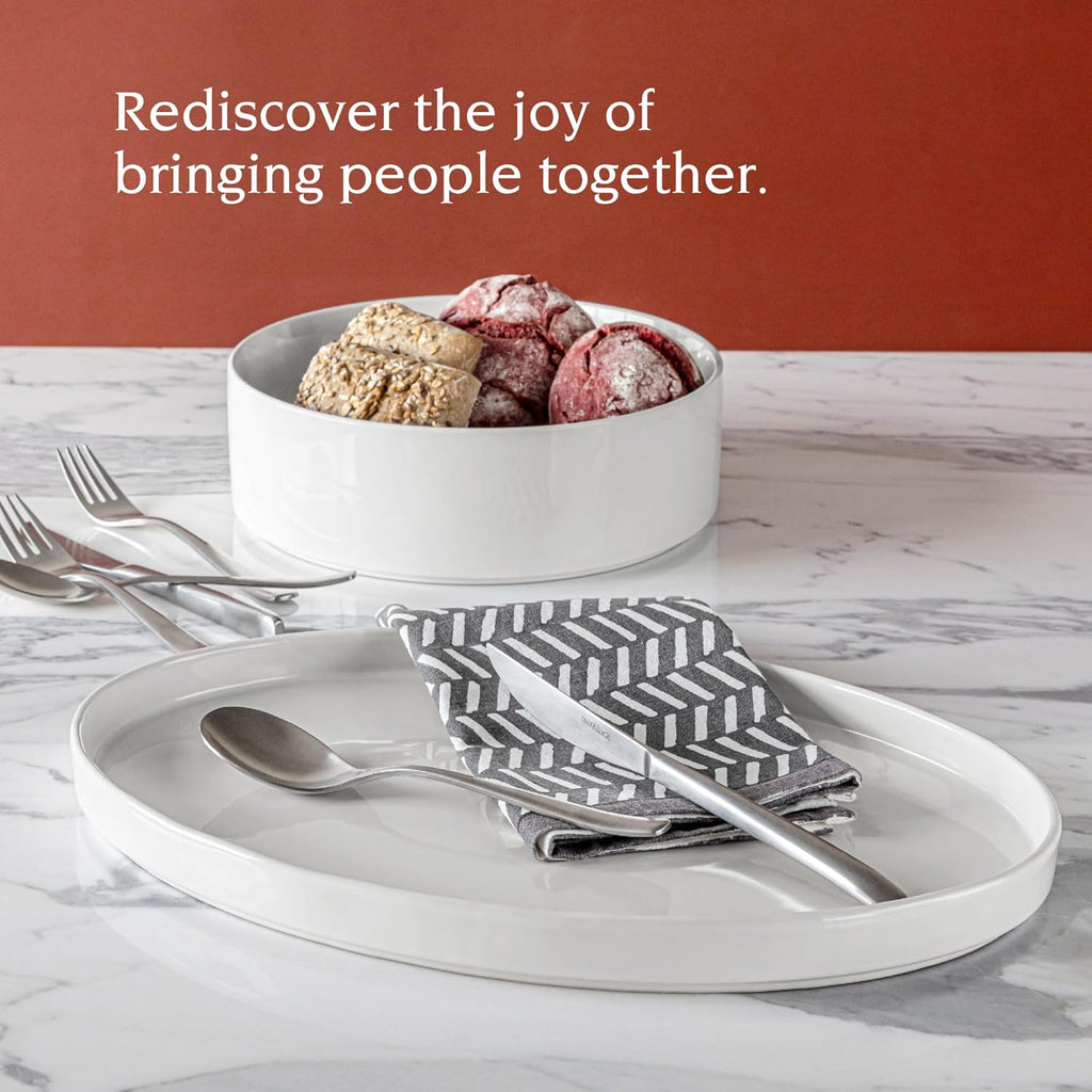 over&back Stackable Stoneware Serving Platter - Elegant 1-Piece Oval Serving Platter to Complete Your Kitchen Set - Perfect for Appetizers, Desserts, and More - 16" L x 11" W - Glossy White
