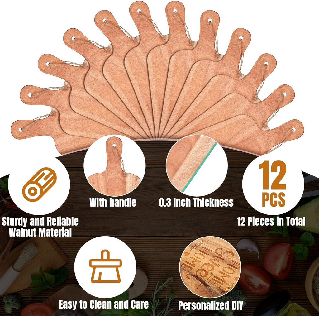 Patelai 12 Packs Wooden Cutting Board Set with Handles Large Kitchen Serving Plain Chopping Board Bulk Gifts for Mom for Vegetables Meat Pizza Cheese Fruit Bread(Walnut,15 x 7 Inch)
