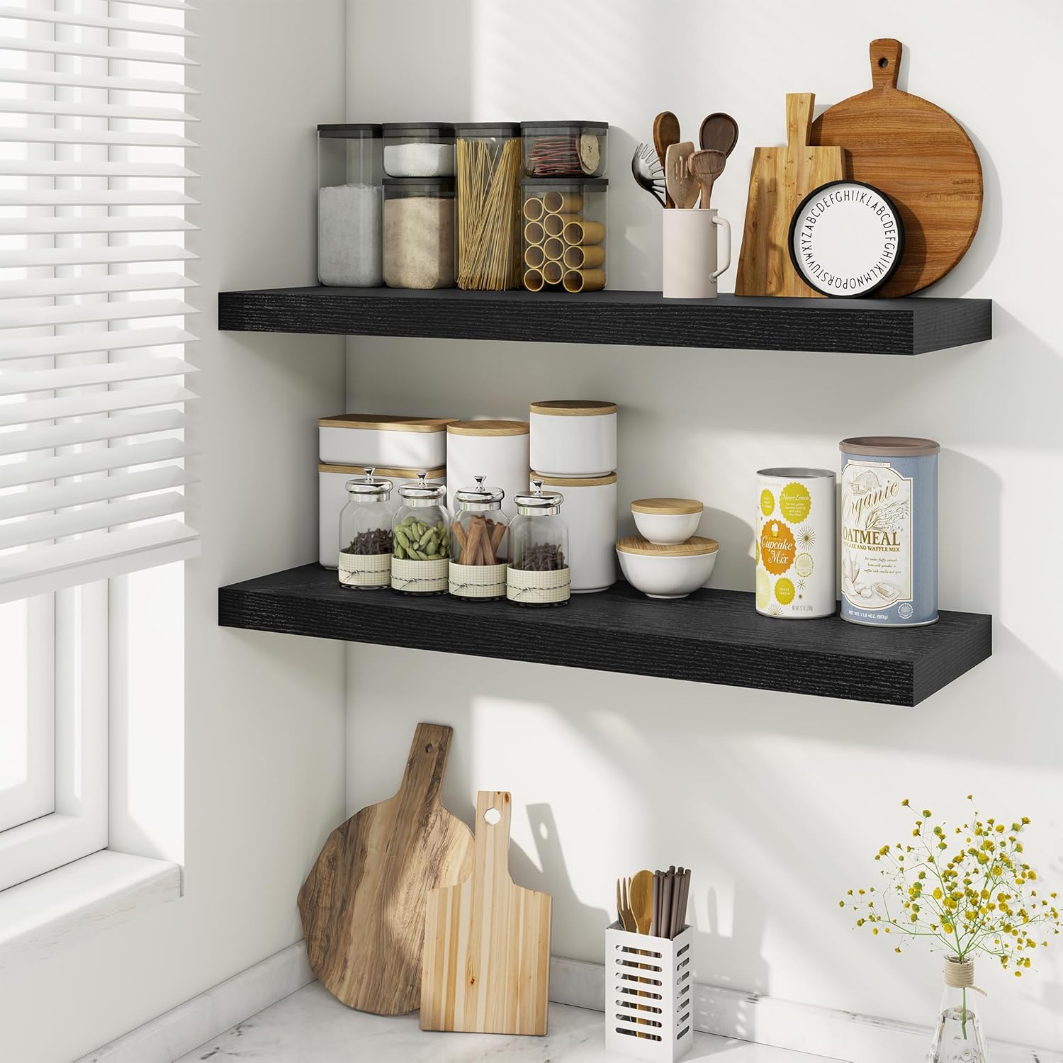 Fun Memories Floating Shelves for Wall, 30 Inch Rustic Wood Wall Mounted Shelves for Bathroom, Bedroom, Kitchen, Living Room, Deep Floating Shelves for Storage & Home Decor (Black, Set of 2)