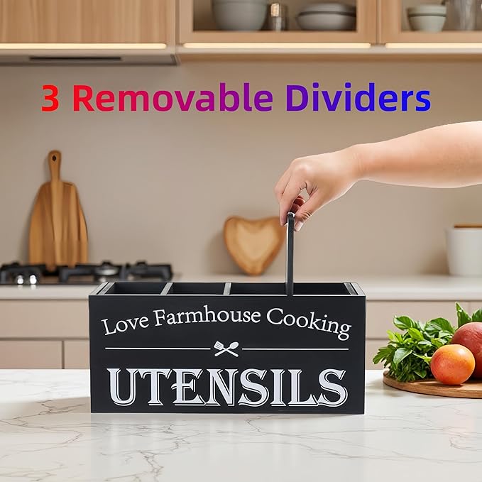 Kitchen Utensil Holder,Farmhouse Wooden Utensil Holder For Kitchen Counter,Extra Large Cooking Spatula Organizer,Big Storage With 4 Compartments Flatware Spoon Tool Cutlery（Black）