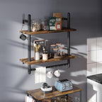 Bestier 24" Floating Kitchen Shelves Wall Mounted 2 Tier Coffee bar Shelves with 8 Hooks, Industrial Wall Shelf for Kitchen, Living Room Bedroom, Rustic Brown