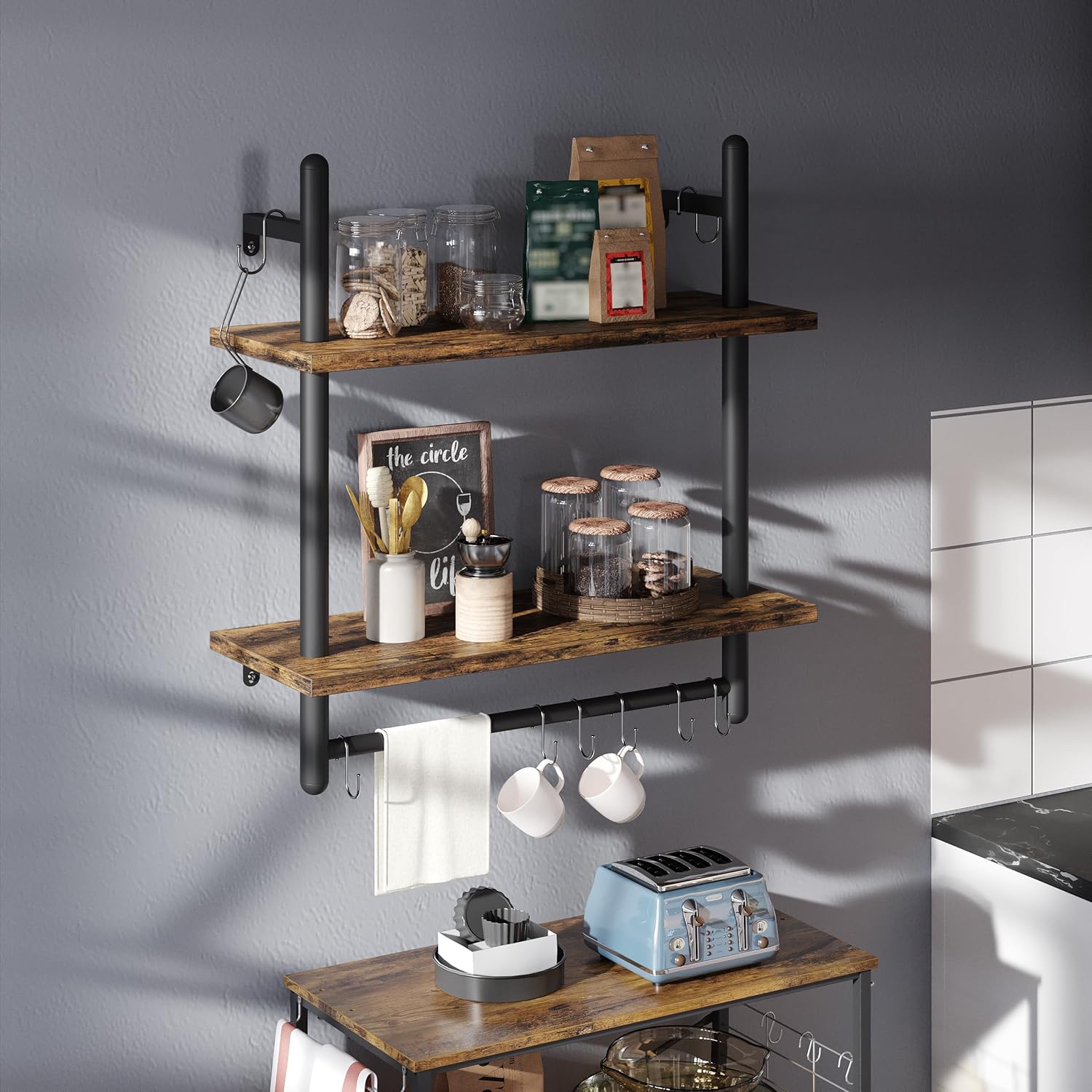 Bestier 24" Floating Kitchen Shelves Wall Mounted 2 Tier Coffee bar Shelves with 8 Hooks, Industrial Wall Shelf for Kitchen, Living Room Bedroom, Rustic Brown
