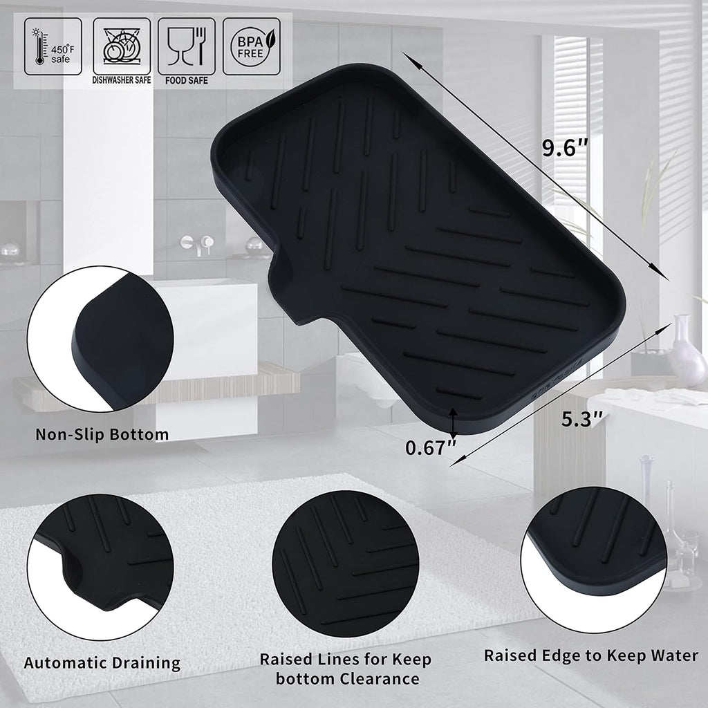 Silicone Bathroom Soap Dishes with Drain Spout-Bathroom and Kitchen Sink Organizer,Sponge Holder,Dish Soap Tray,Perfect for Dispenser,Scrubber,Bottle,Cup on Sink or Counter-Black 9.6"×5.3"