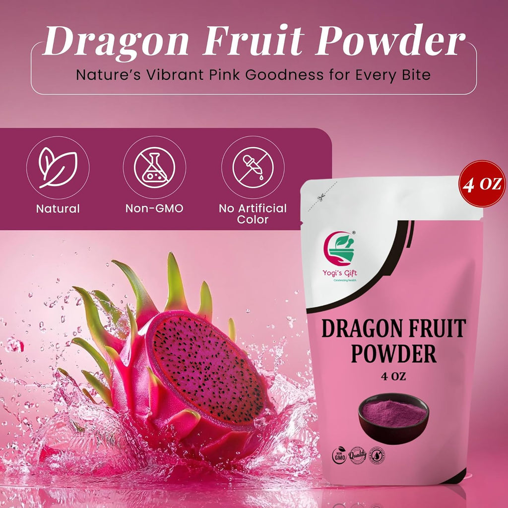 Dragon Fruit Powder 4oz, 100% Pure & Natural Pink Pitaya Powder, Premium Quality, For Smoothies, Baking, Tea, Natural Food Coloring and Flavoring - By Yogi’s Gift®