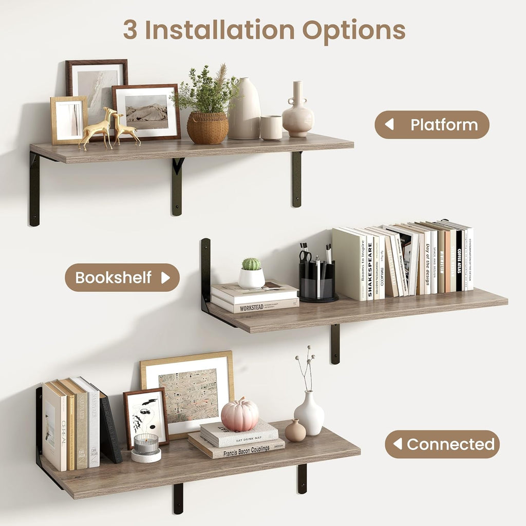 Fun Memories Floating Shelves for Wall, 12 Inch Deep Floating Shelves Set of 2, Wall Mounted Shelf with Metal Brackets, Rustic Wood Wide Shelf for Bathroom, Kitchen and Living Room, Grey, 36W x 12D