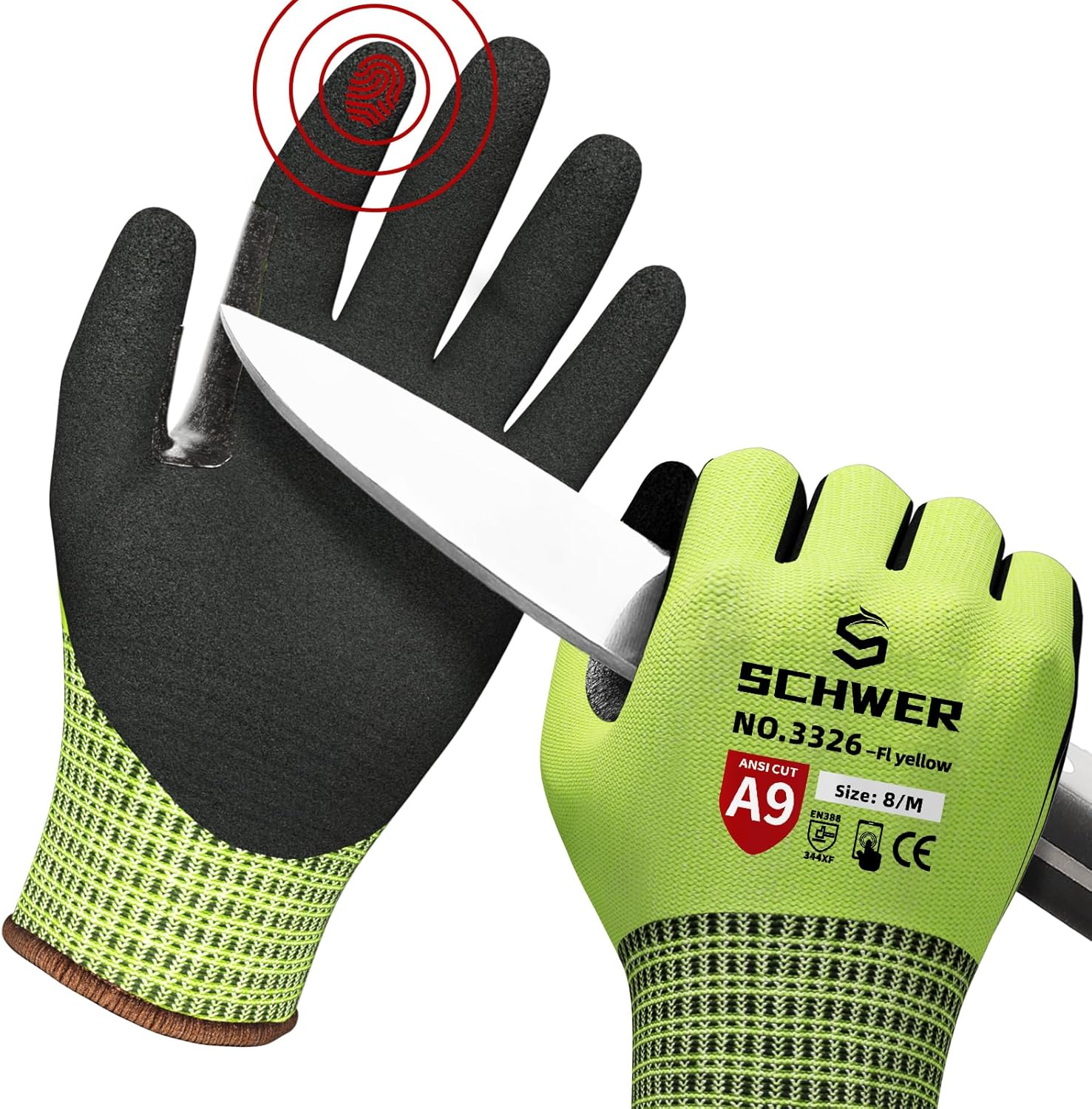 Schwer ProGuard Highest Level Cut Resistant Work Gloves PR3326 for Extreme Protection，ANSI A9 Cut Gloves with Reinforced Thumb, Non Slip, Breathable, Durable, Touch-screen, Non PFAS, Yellow 1 Pair（M）