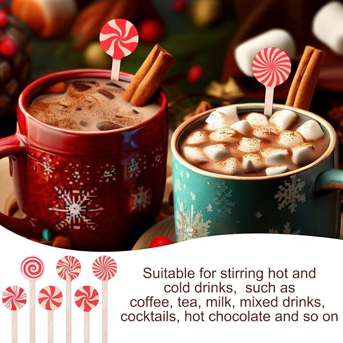 Sliner 120 Pcs 6 Inches Christmas Wooden Coffee Stir Sticks Stripe Candy Coffee Stirrers Disposable Drink Stirrers Candy Beverage Mixer with Round Ends for Cocktail Hot Drinks Party Supplies