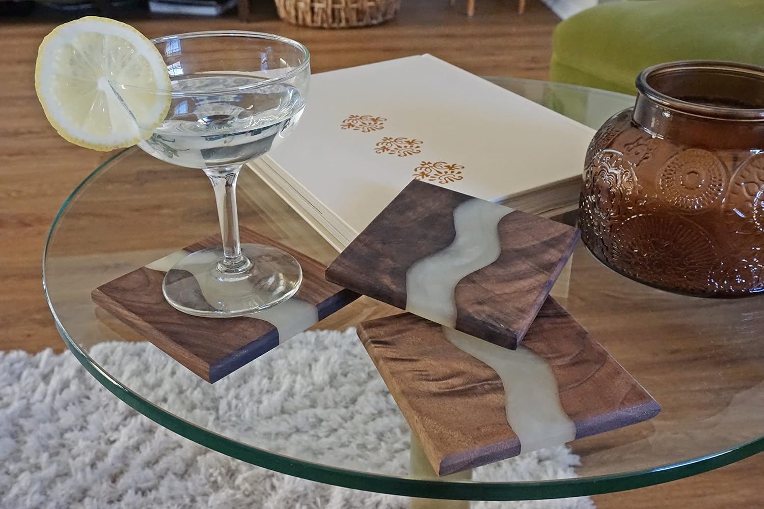 Generic Wood Coaster Set for Drinks | Handmade with Dark Walnut & Natural Wood Sealant Finish for Water Resistance, Easy Cleaning & No Stains | Epoxy Resin River (4 Pieces) (White)