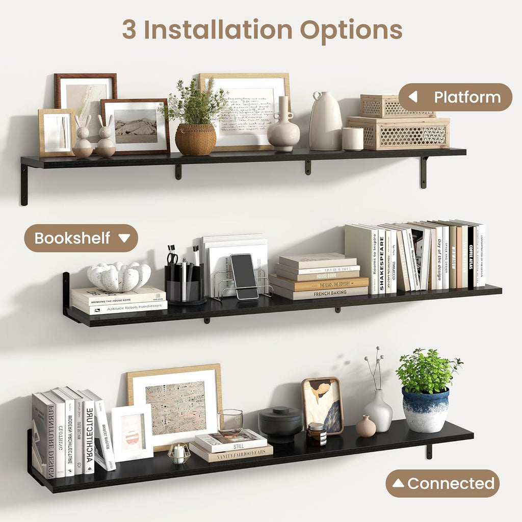 Fun Memories Deep Floating Shelves, 55W x 8D Floating Shelves Set of 2, Wall Mounted Shelf with Metal Brackets, Rustic Wood Wall Shelf for Bathroom, Kitchen and Living Room, Black