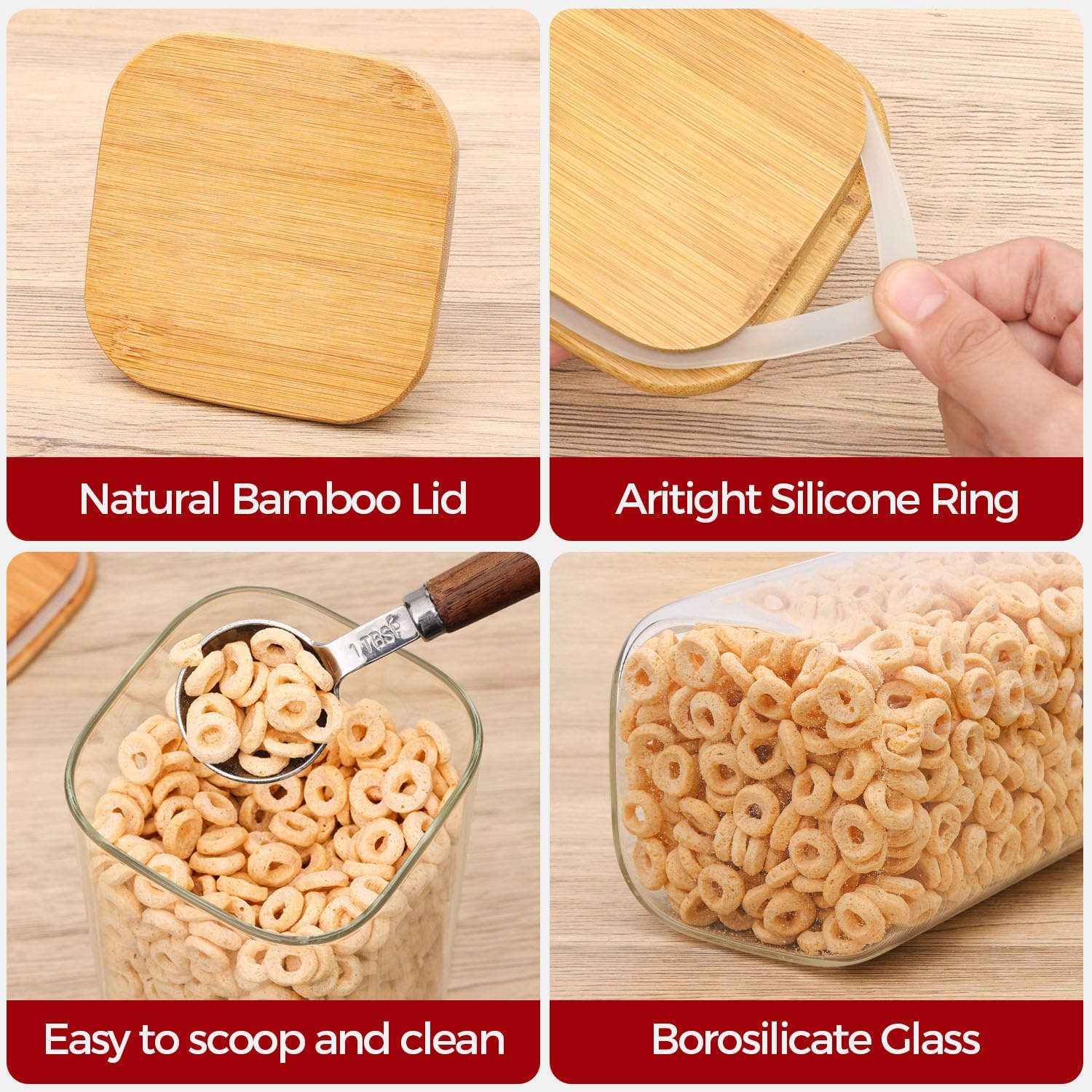 Rectangle Glass Storage Containers with Lids, Glass Jars with Bamboo Lids for Spaghetti, Pasta, Kitchen Pantry Storage Containers (2 pack 2.2qt)