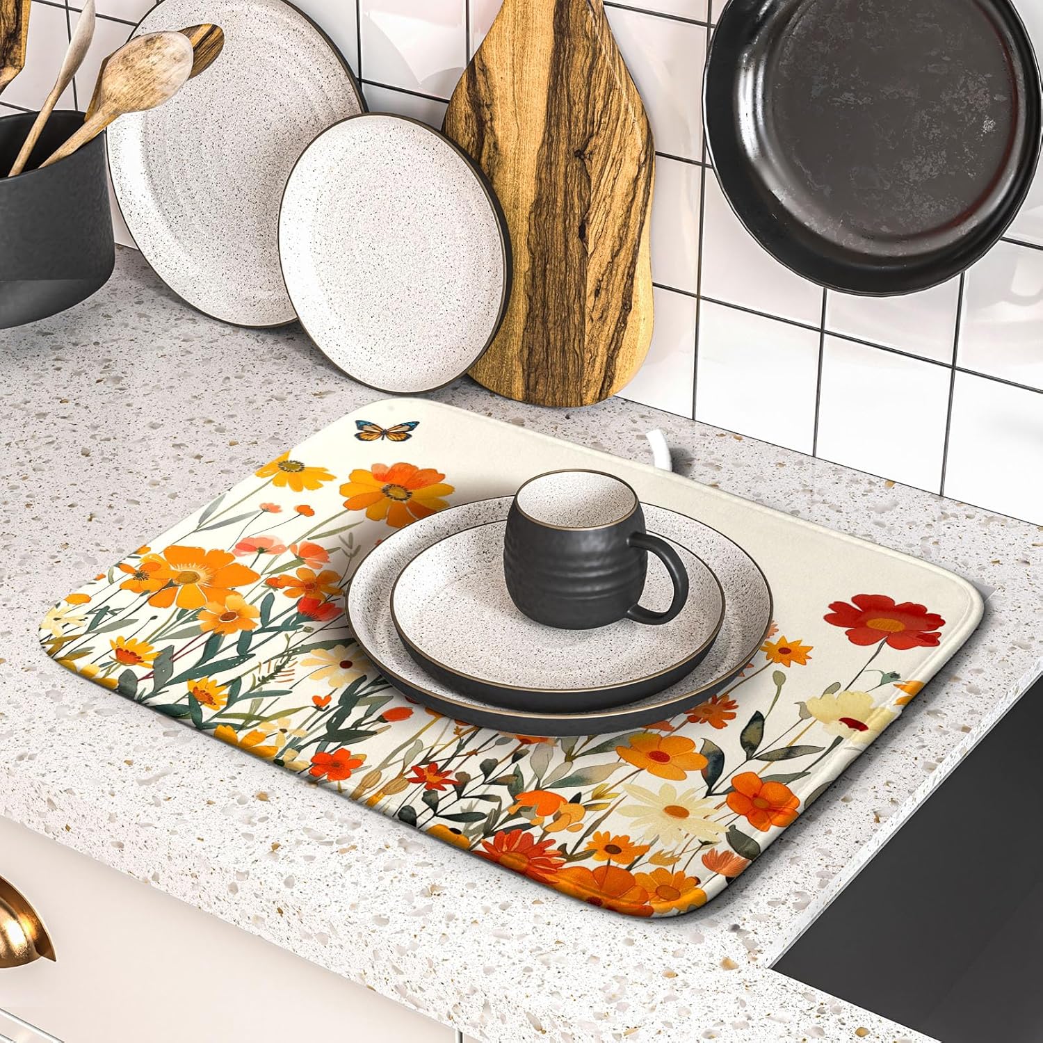 Fall Orange Wildflower Dish Drying Mat for Kitchen Counter,Autumn Floral Butterflies Drying Mat 16 x 18 Inch with Absorbent Reversible Microfiber Dish Drying Pad Dish Pad for Coffee Bar