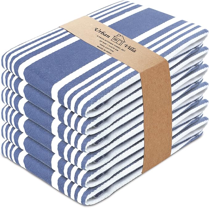 Urban Villa Kitchen Towels 100% Cotton Dish Towels for Kitchen (Set of 6) 20”x30” Dish Cloths Highly Absorbent Kitchen Linen Set with Hanging Loop Perfect for Drying Dishes Cleaning Towels-Blue White