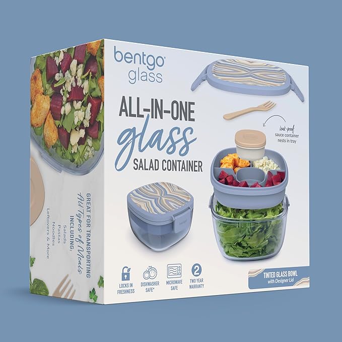 Bentgo Glass Prints All-in-One Salad Container - 61oz Tinted Glass Salad Bowl with Lid, Bento-Style Tray, Sauce Container, & Reusable Fork - Dishwasher & Microwave Safe (Wildly Chic - Soft Blue)