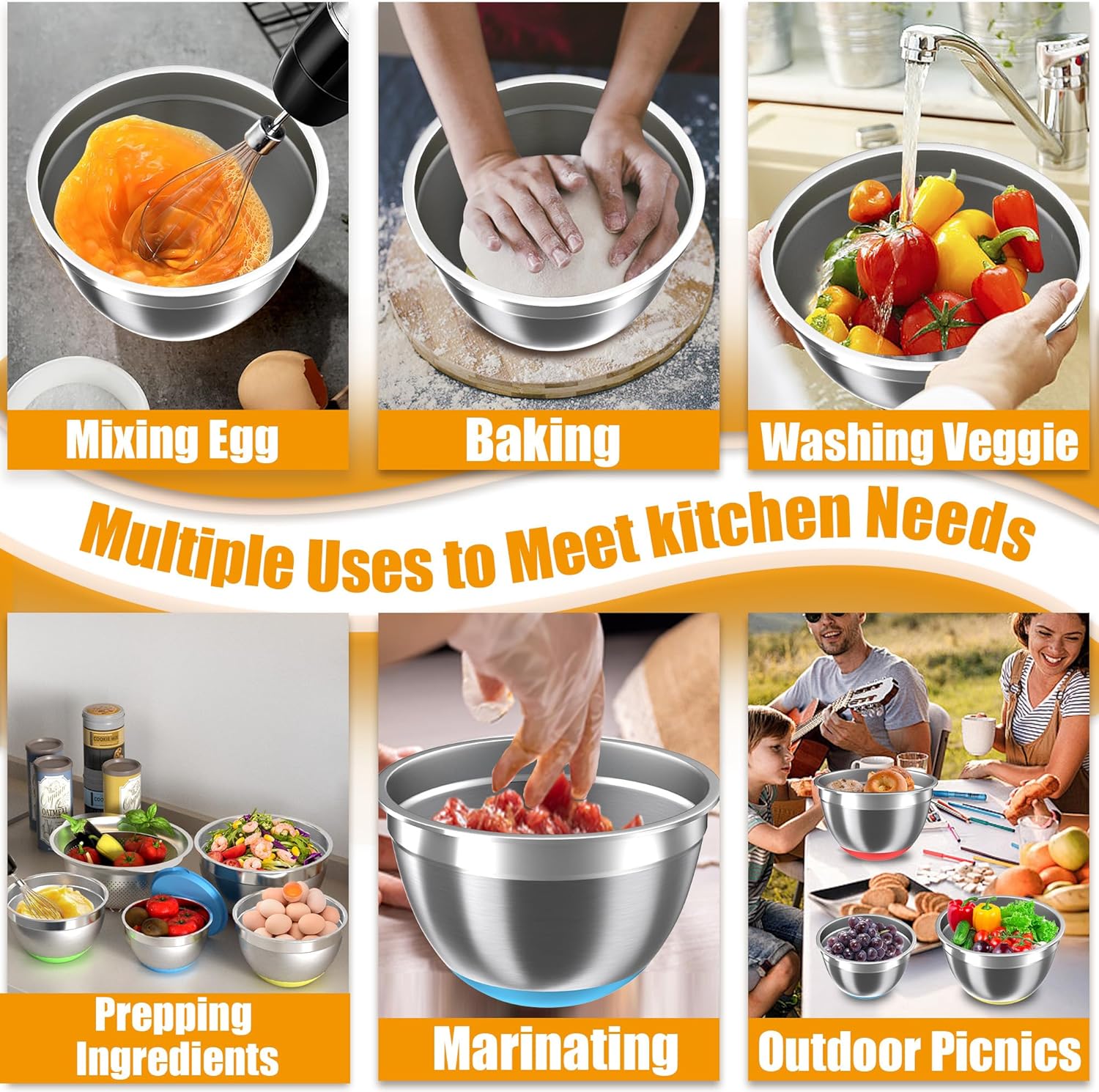 Mixing Bowls with Airtight Lids Set, 4 Stainless Steel Bowls Nesting Bowls & Colander, Kitchen Organizers and Storage Non-Slip Bottom, Size 1.5/2.0/2.5/4.5QT, Great for Mixing & Serving, Multicolor