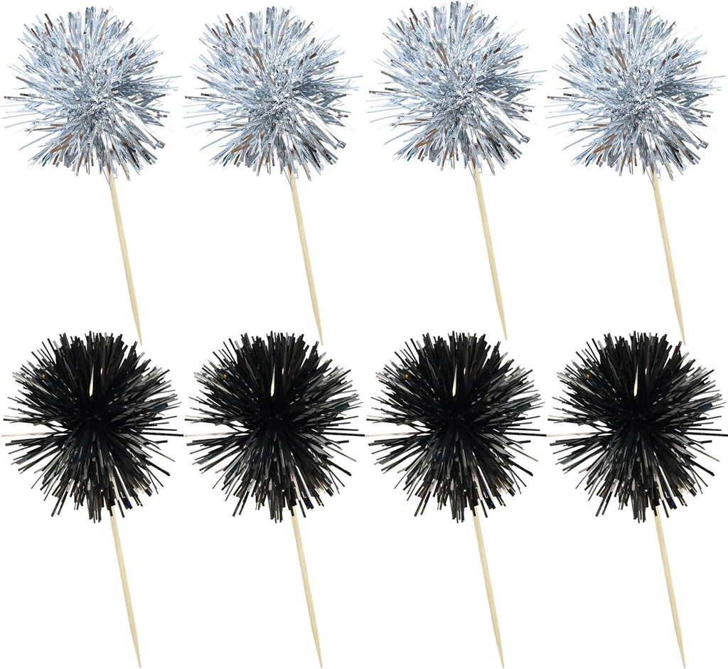Ephlyn 30Pcs Foil Firework Cupcake Toppers Sparkles Fireworks Sticks Birthday Decorations Sparkle Tinsel Cocktail Fruit Toothpick for Birthday Wedding Graduation Party Cake Decorations Black Silver