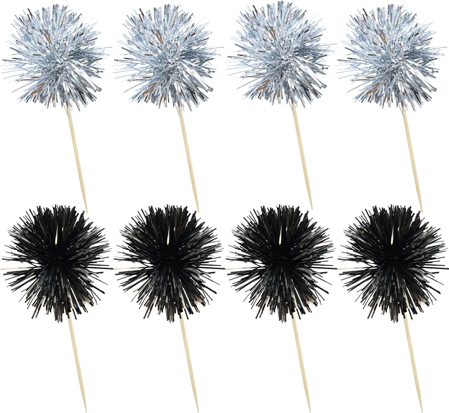 Ephlyn 30Pcs Foil Firework Cupcake Toppers Sparkles Fireworks Sticks Birthday Decorations Sparkle Tinsel Cocktail Fruit Toothpick for Birthday Wedding Graduation Party Cake Decorations Black Silver