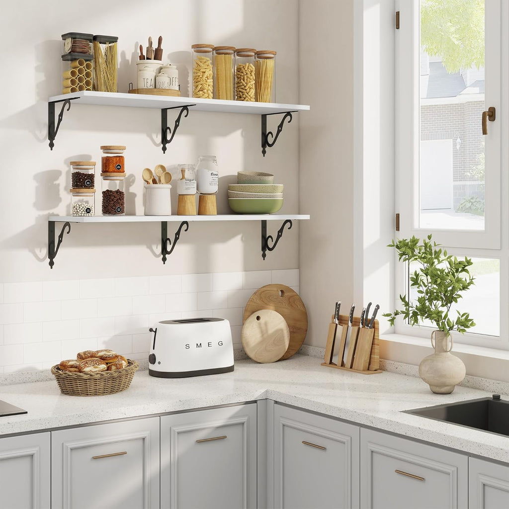 RICHFOCUS 12 Inch Deep Floating Shelves for Wall, 39" W x 12" D Wood Wall Shelves Set of 2, Wide Floating Shelves for Living Room, Bedroom, Kitchen, Bathroom and Decor Storage, White