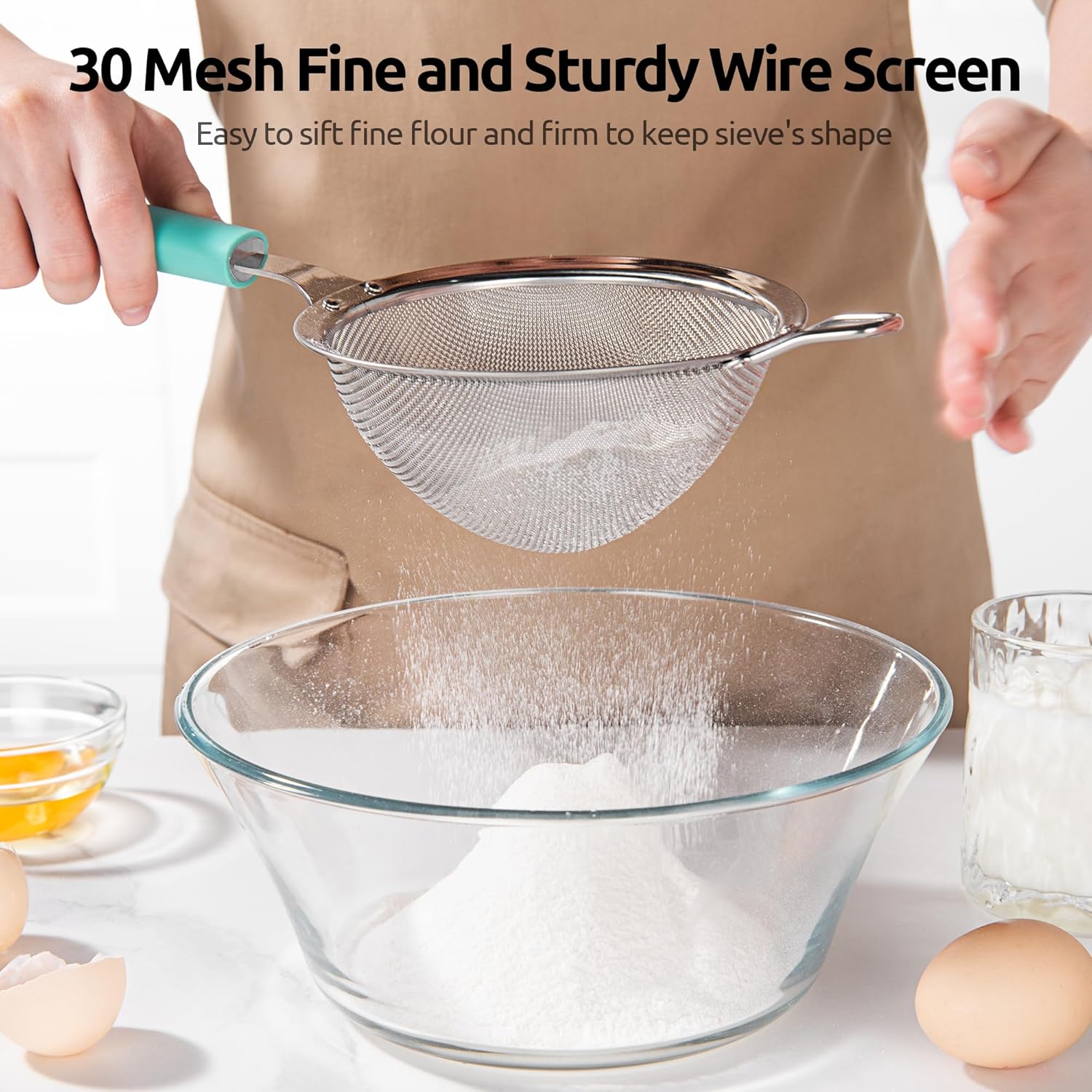 U-Taste Medium Fine Mesh Strainer: 18/8 Stainless Steel 4.73in 30 Mesh Kitchen Food Sieve with Sturdy Riveted Silicone Handle, Heavy Duty Deep Handheld Metal Colander for Rice, Quinoa, Flour(Aqua Sky)