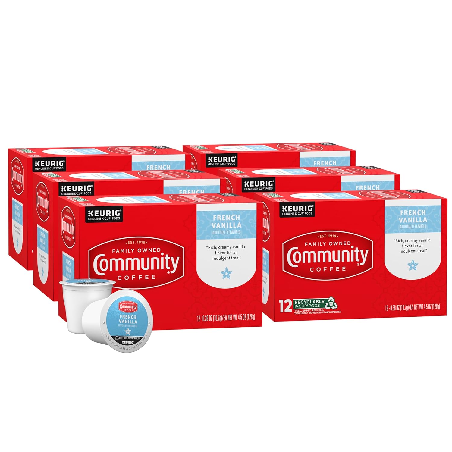 Community Coffee French Vanilla Flavored 72 Count Coffee Pods, Medium Roast, Compatible with Keurig 2.0 K-Cup Brewers 12 Count (Pack of 6)