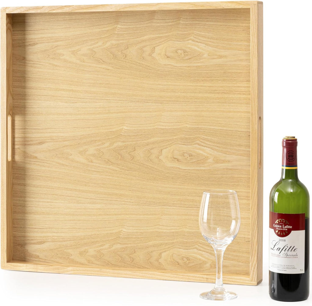 Axeman 22 Inch Large Square Wooden Ottoman Tray for Living Room|Extra Large Serving Tray with Handles for Coffee Table, Breakfast|Decorative Wood Tray for Ottoman Couch Sofa Kitchen|Natural