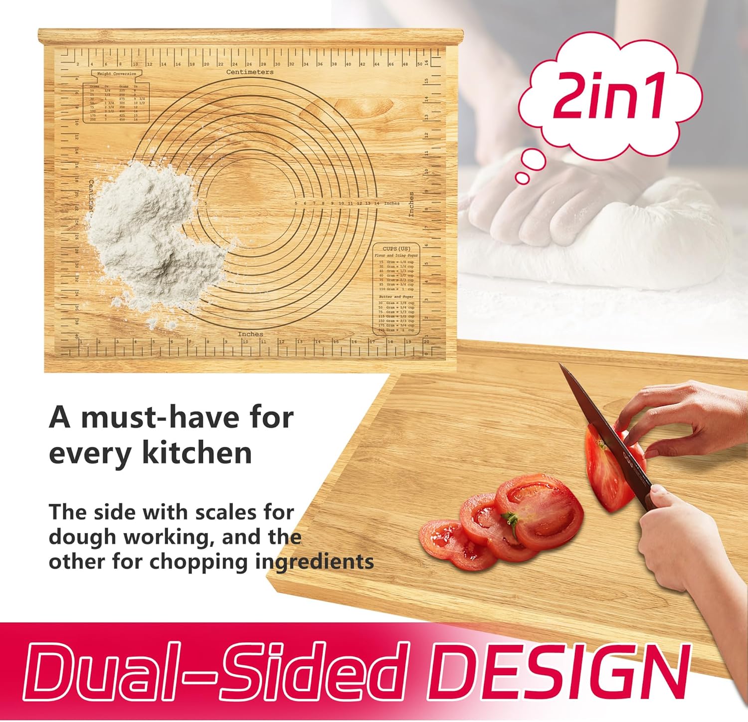 Montex Pastry Board with Measurement 24'' x 20", Wooden Kneading Board, Pastry Board for Rolling Dough, Pastry Baking Board with Counter Lip