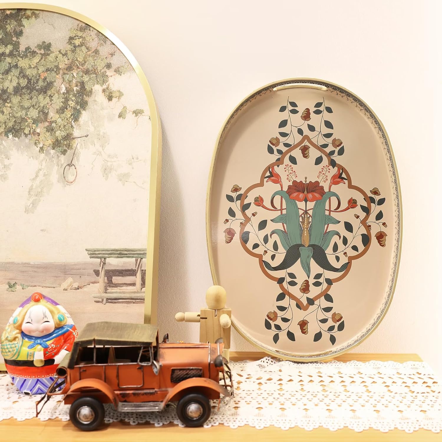 Oval Plastic Serving Tray with Handles, Elegant Decorative Tray for Coffee Table, Ottoman, Living Room, Kitchen, Outdoor Use. 10"*16"*1.4" A