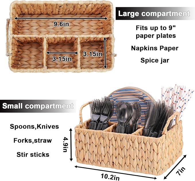 Wicker Party Silverware Caddy, Water Hyacinth Plastic Cutlery Utensil Holder, Hand Woven with Handles, Kitchen Countertop and Picnic flatware Organizer (4 compartments)