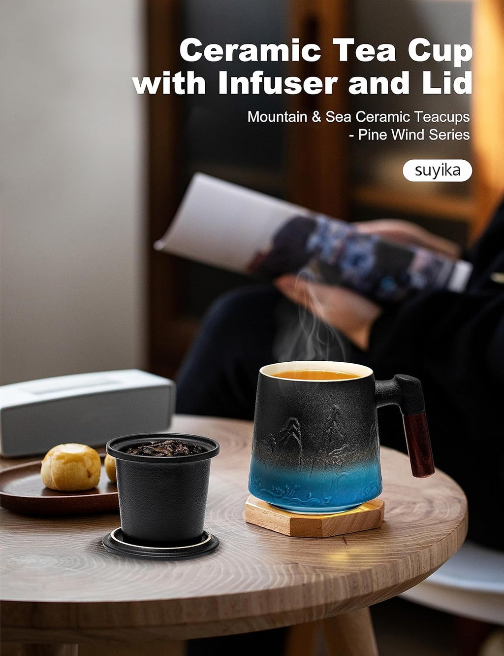suyika Ceramic Tea Cup with Infuser and Lid, Gradient Embossed Large Tea Mug Wooden Handle for Steeping Loose Leaf, Tea Lover Gifts 15.2 oz / 450 ml,Black & Cyan