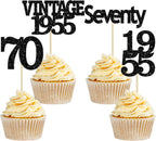 Gyufise 24Pcs Vintage 1955 Cupcake Toppers Glitter Cheers to 70 Fabulous Seventy Cupcake Picks 70th Birthday Wedding Anniversary Party Cake Decorations Supplies Black