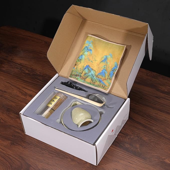 7 Pcs Matcha Whisk Set, Matcha Bowl with Spout, Matcha Whisk and Holder, Bamboo Scoop with Holder, Stainless Sifter and Tea Towel, Japanese Matcha Ceremony Set for Authentic Tea Powder & Home Rituals