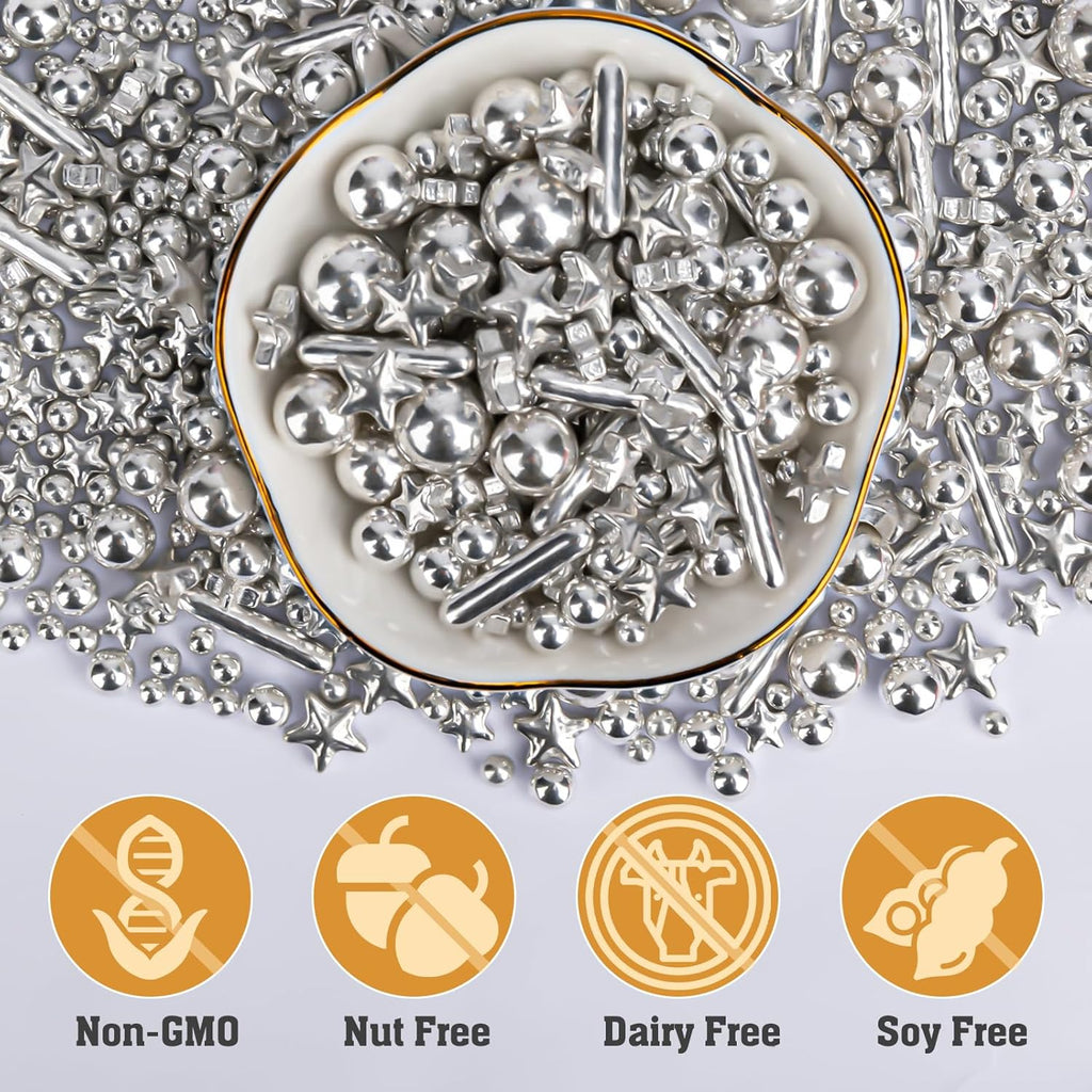 Twisweet Silver Pearl Rods Star Sprinkles, Edible Sugar Sprinkles for Cake Decorating, Mix Size Candy Pearls for Baking Cake Topper Ice Cream Cupcake Cookie Dessert Decorations, Wedding Valentines Birthday Christmas Easter Supplies (130g/4.58oz)