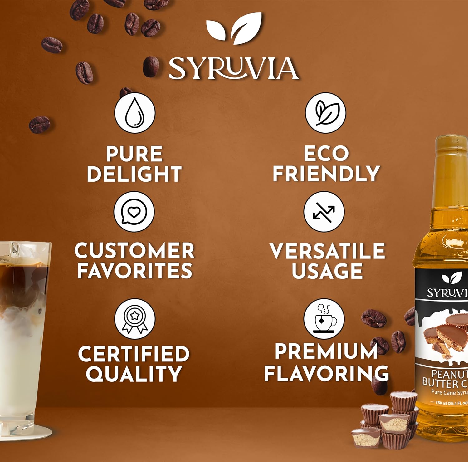 Syruvia Peanut Butter Cup Syrup for Coffee, Sweet Coffee Flavoring, 25.4 fl oz, Kosher, Gluten Free, Perfect for Lattes, Smoothies, Shakes, Drinks, Desserts, and More.