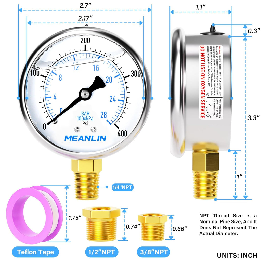 MEANLIN MEASURE 0~400Psi Stainless Steel 1/4" NPT 2.5" FACE DIAL Liquid Filled Pressure Gauge WOG Water Oil Air Lower Mount, with 1/4" x 1/2" NPT and 1/4" x 3/8" NPT Hex Bushing
