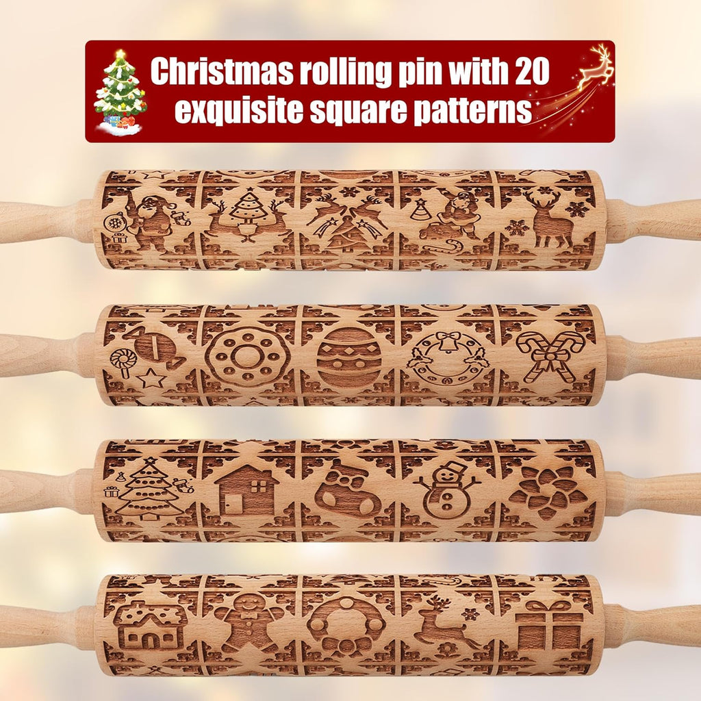17" Premium Wood Rolling Pin with Stamp Embossed Designs | 3mm Deep Springerle Cookie Molds | Christmas Rolling Pin & Baking Gifts for Women | Includes 3-in-1 Cleaning Brush