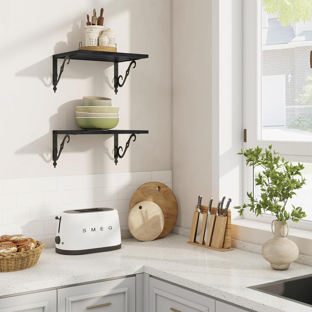 RICHFOCUS 12 Inch Deep Floating Shelves for Wall, 16" W x 12" D Black Wood Wall Shelves Set of 2, Wide Floating Shelves for Living Room, Bedroom, Kitchen, Bathroom and Decor Storage, Black