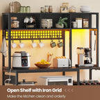 Itaar 47.2 Inch Bakers Rack with Power Outlet, Microwave Stand with Storage, Farmhouse Coffee Bar Cabinet Station with Wine Rack, Iron Grid and 8-S Hooks (Black)