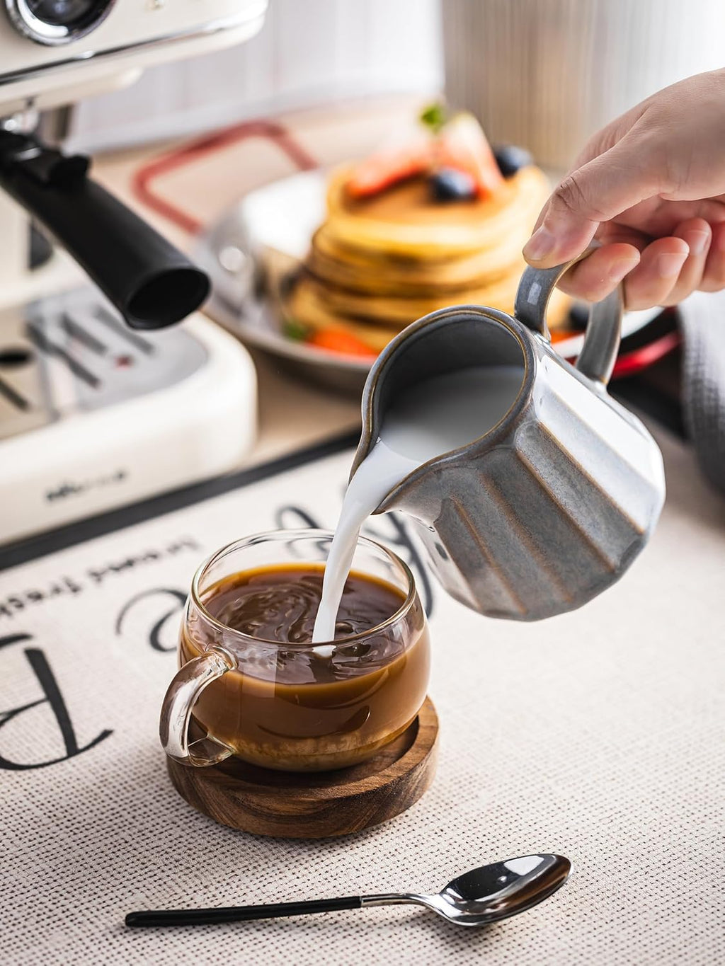 Ceramic Creamer Pitcher,Creamer Container with Handle, 10 OZ Small Milk Pitcher for Coffee, Sauces, Salad, Gray