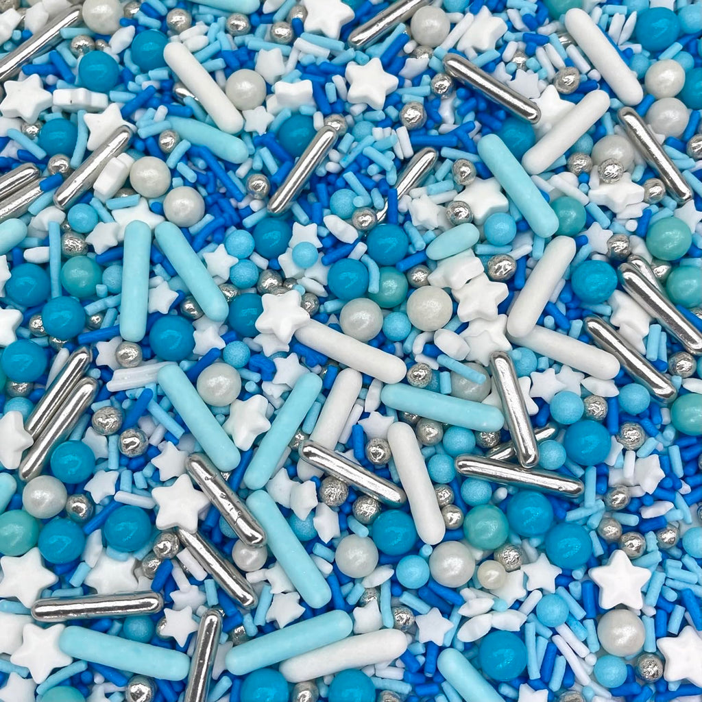 Manvscakes Sprinkles- Edible Cake and Cupcake Sprinkles with Assorted Shapes and Sizes for Parties, Metallic Sprinkle Mix for Cookies, Ice Cream, Cake and Cupcake Decorating, 4 oz, Blue sprinkles