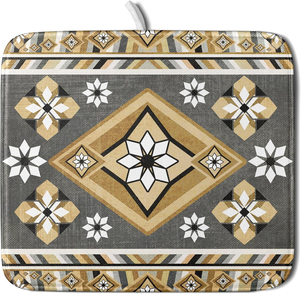 Boho Yellow Gray Aztec Dish Drying Mat for Kitchen Counter,Native American Tribal Aztec Ethnic Boho Style Drying Mat 16 x 18 Inch Microfiber Dish Drying Pad Dish Rack Pad Drainer Mat for Coffee Bar