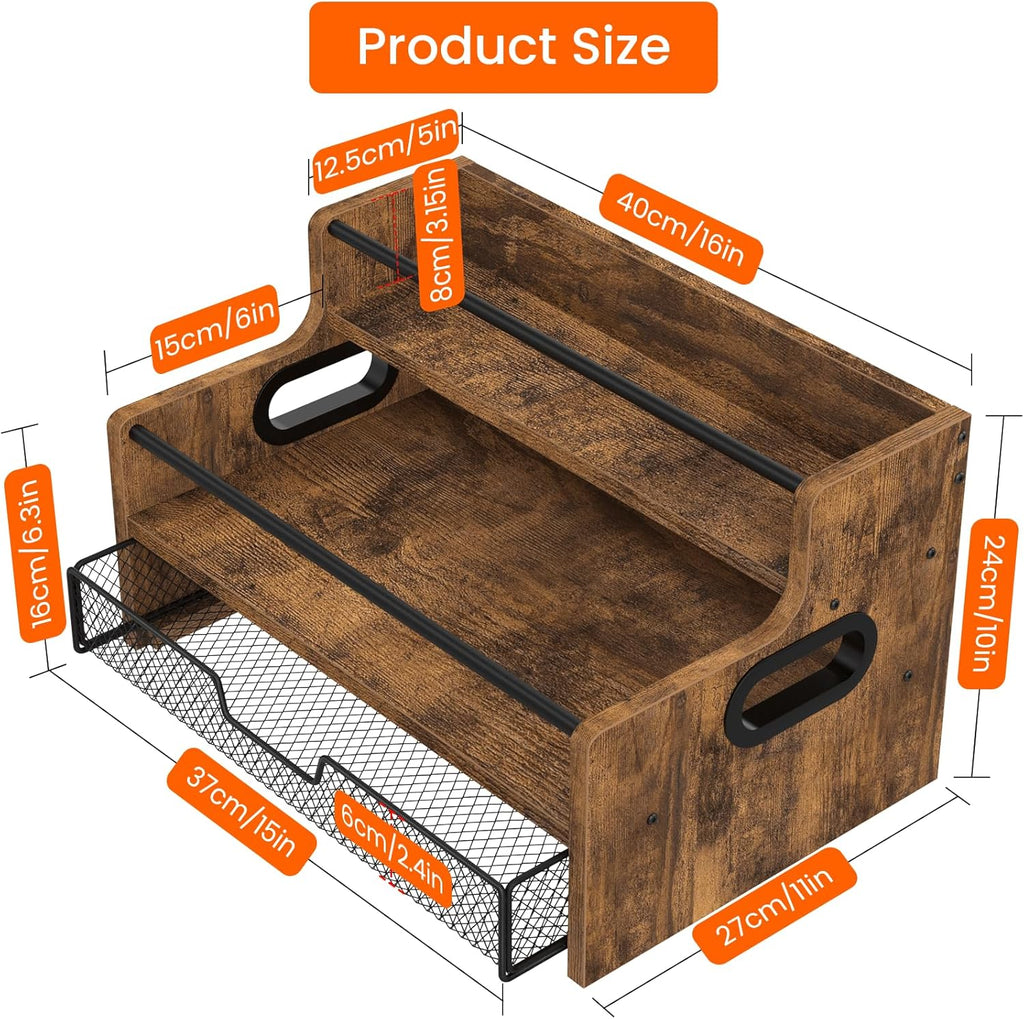 Homode Coffee Syrup Organizer Rack, 3-Tier 8 Bottles Syrup Stand with 35 K Cup Storage Drawer for Coffee Station Bar Accessories, Countertop Wood Liquor Bottle Holder for Wine, Rustic Brown