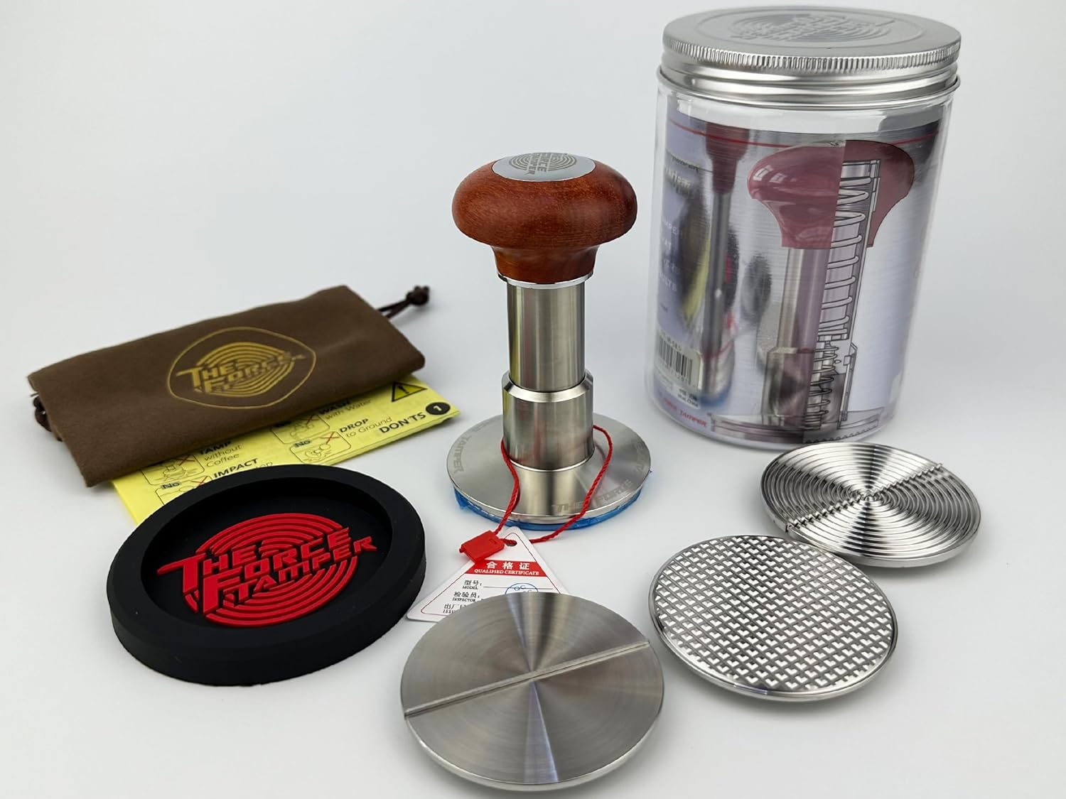 The Force Tamper Automatic Impact Adjustable Constant Pressure and Autoleveling Coffee Tamper Reddish Brown Jellyfish Wooden Handle Set Pro (TRI-Distribute Set, 58.35mm)