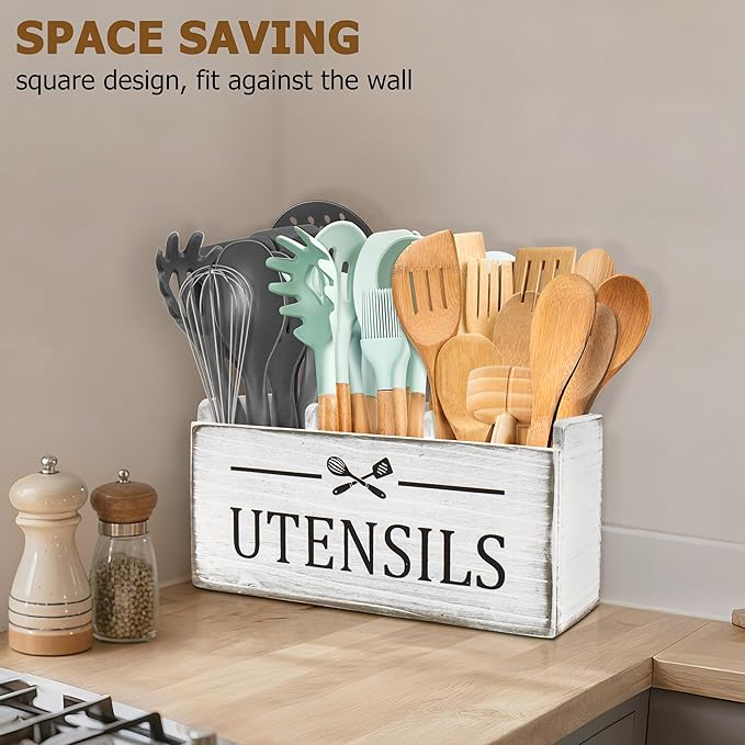 RedCall Wooden Kitchen Utensil Holder for Counter-top,Large Utensil Organizer for Storage Cooking Tool and Silverware,Extra Large Rustic Wood Container (Antique)