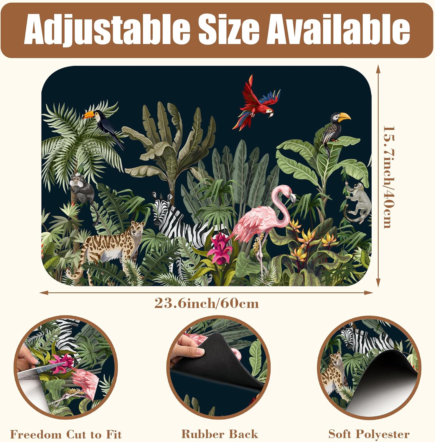 Jungle Animals Coffee Mat Tropical Dish Drying Mat for Kitchen Counter Absorbent Hide Stain Rubber Backed Coffee Bar Accessories Fit Under Espresso Machine Cafe Table, 15.7 x 23.6 Inch