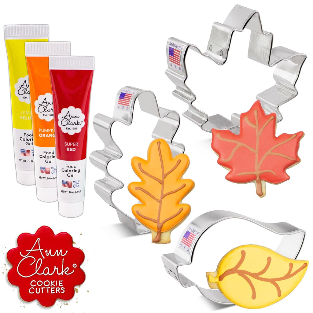 Fall Leaves Cookie Cutters and Food Coloring Gel 6-Piece Set Made in USA by Ann Clark