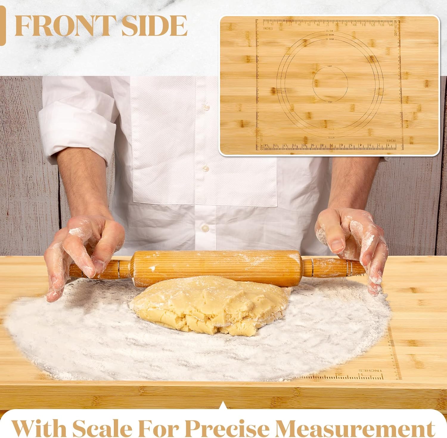 Vesici Reversible Pastry Board with Lip for Rolling Dough Large Wooden Cutting Chopping Kneading Board with Engraved Measurements for Counter Table Top Kitchen(Wood,24 x 22.8 x 1.5 Inch)